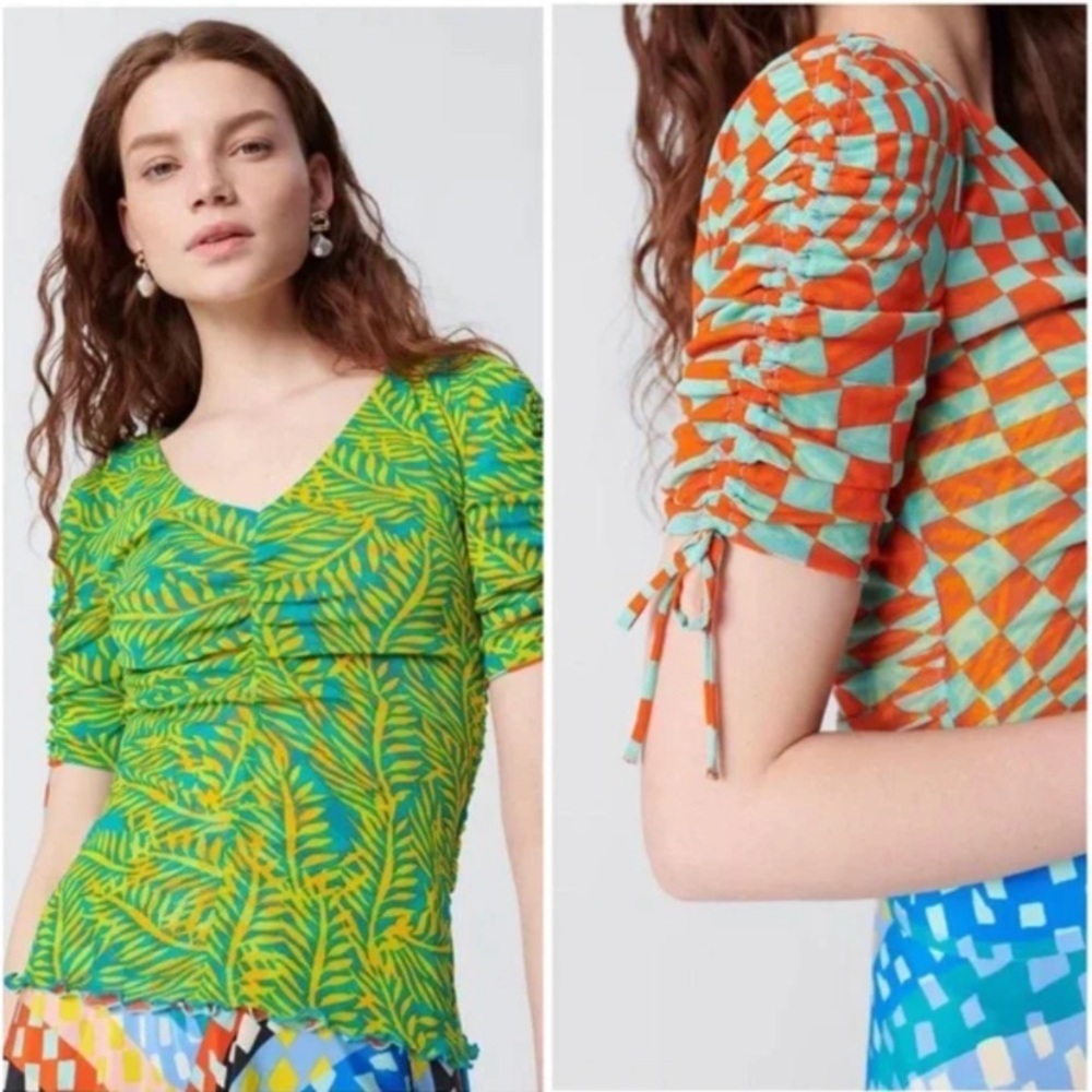 Diane Von Furstenberg Green and Orange Patterned Top